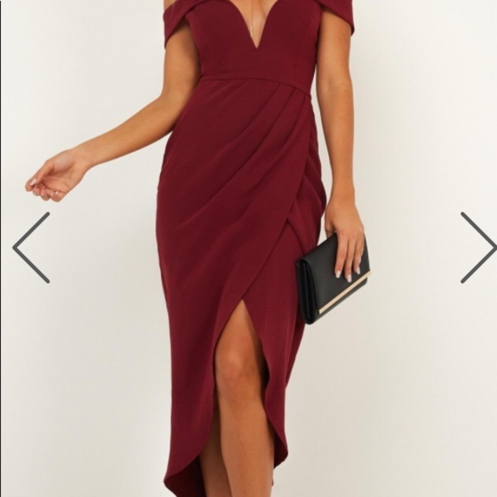 Showpo midi off the shoulder dress w slit in wine